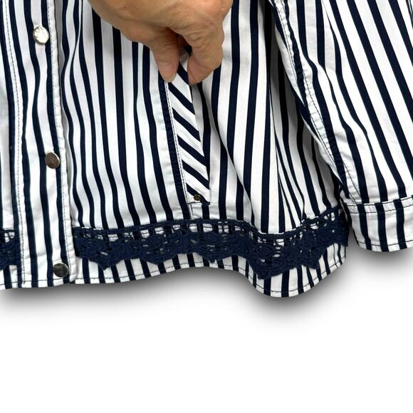Chicos Navy Blue White Stripe Lightweight Jacket Zipper Front Roll Tab Sleeve XL - Picture 4 of 12